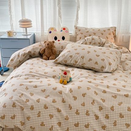 昔可 2023新款全棉小卡通爱心四件套 棕格小熊