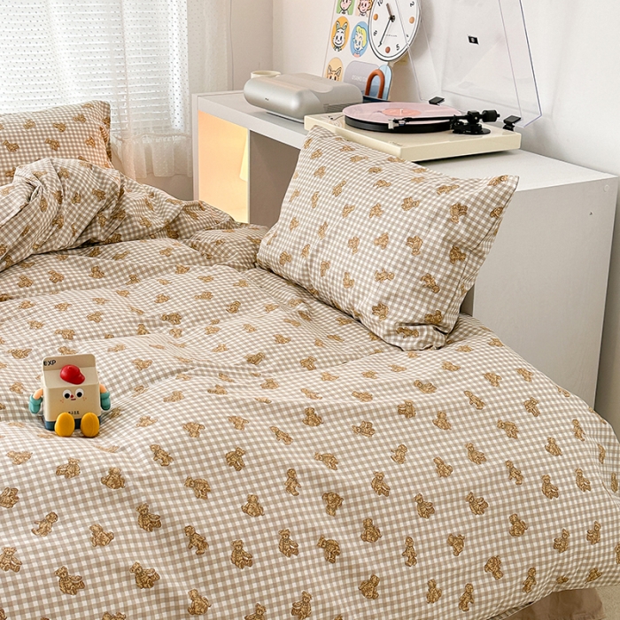 91家纺网 家纺一手货源 找家纺 昔可 2023新款全棉小卡通爱心四件套 棕格小熊