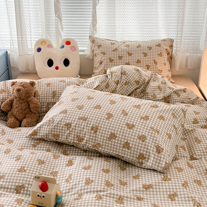 91家纺网 家纺一手货源 找家纺 昔可 2023新款全棉小卡通爱心四件套 棕格小熊