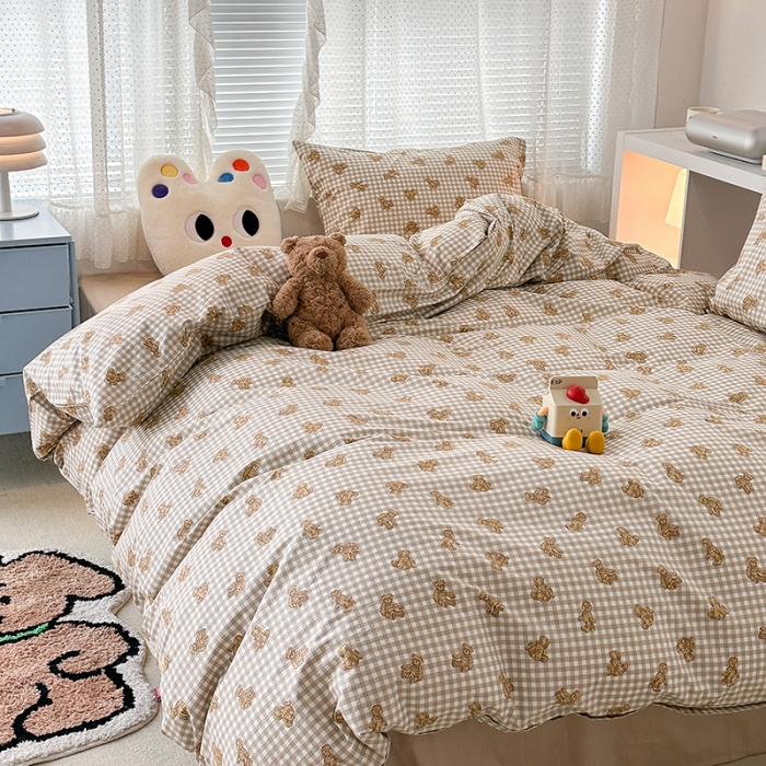 91家纺网 家纺一手货源 找家纺 昔可 2023新款全棉小卡通爱心四件套 棕格小熊