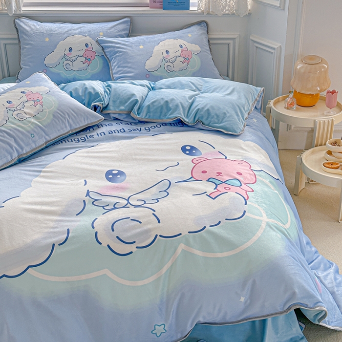 91家纺网 家纺一手货源 找家纺 蘭菲家纺 2023新款宝宝绒卡通印花四件套及单品 棉花糖