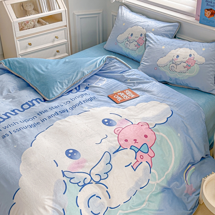 91家纺网 家纺一手货源 找家纺 蘭菲家纺 2023新款宝宝绒卡通印花四件套及单品 棉花糖