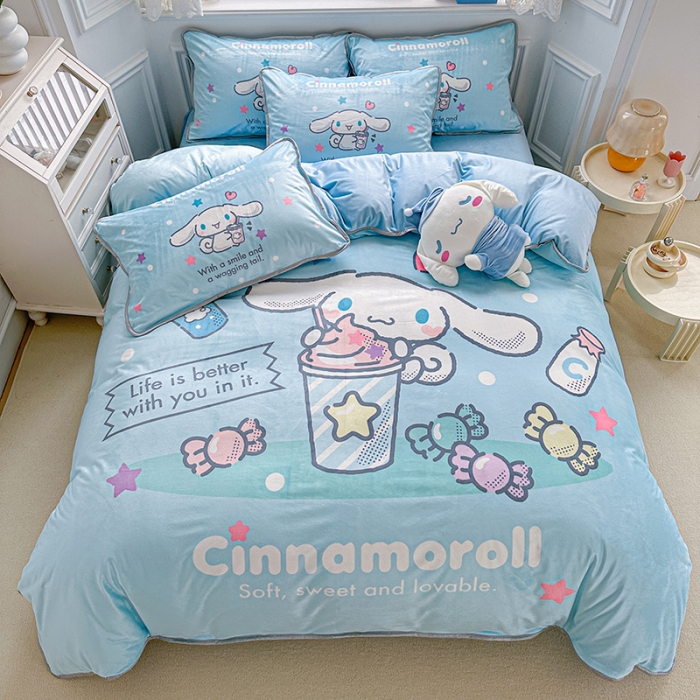 91家纺网 家纺一手货源 找家纺 蘭菲家纺 2023新款宝宝绒卡通印花四件套及单品 奶茶来了