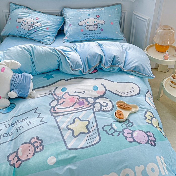 91家纺网 家纺一手货源 找家纺 蘭菲家纺 2023新款宝宝绒卡通印花四件套及单品 奶茶来了