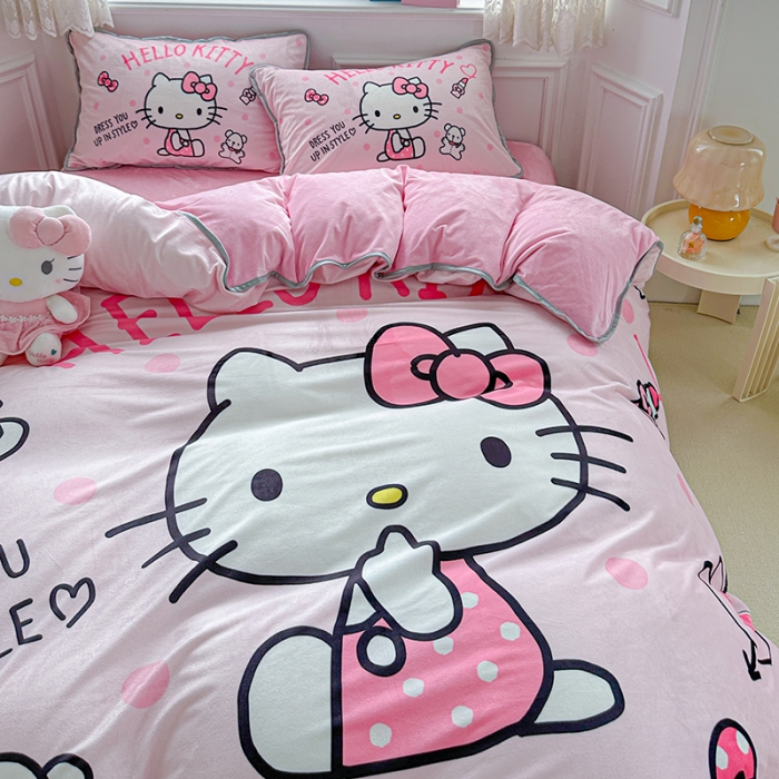 91家纺网 家纺一手货源 找家纺 蘭菲家纺 2023新款宝宝绒卡通印花四件套及单品 甜心KT