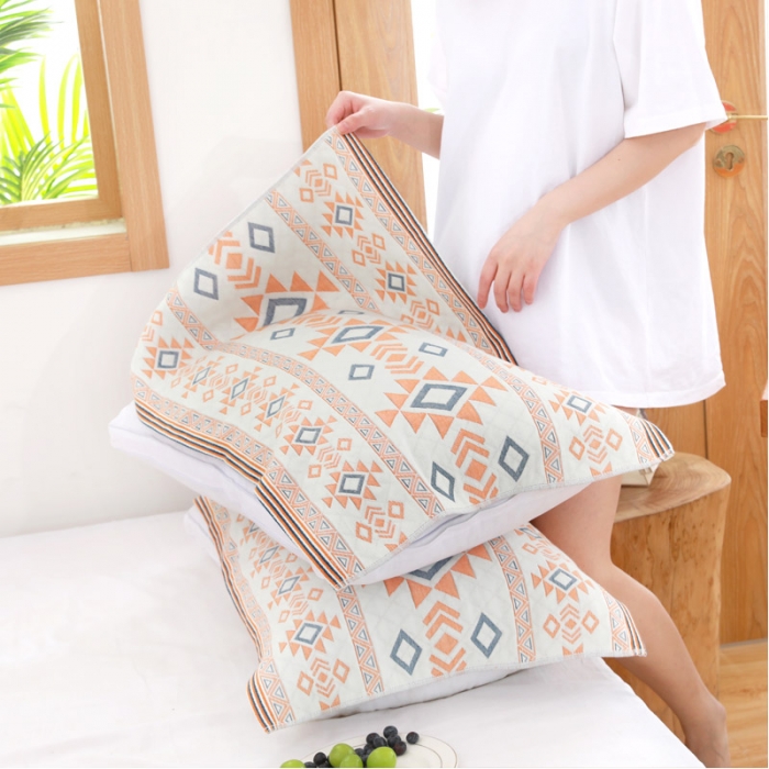 91家纺网 家纺一手货源 找家纺 朴尔家纺 2023新款波西米亚风优棉三层纱布枕巾 莱茵情调黄