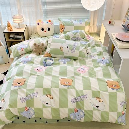 91家纺网 家纺一手货源 找家纺 昔可 2023新款全棉萌趣卡通四件套 绿格小象