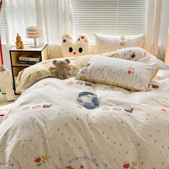 91家纺网 家纺一手货源 找家纺 昔可 2023新款全棉萌趣卡通四件套 happy狗狗