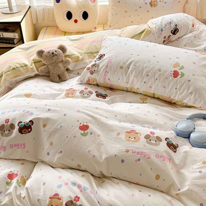 91家纺网 家纺一手货源 找家纺 昔可 2023新款全棉萌趣卡通四件套 happy狗狗