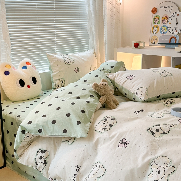 91家纺网 家纺一手货源 找家纺 昔可 2023新款全棉萌趣卡通四件套 斑点郁金香狗狗