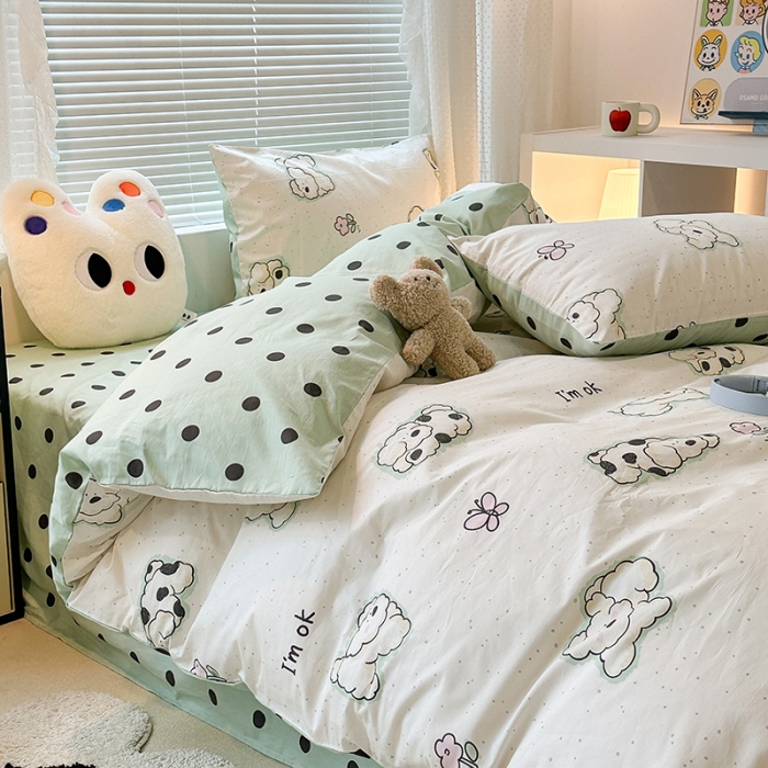 91家纺网 家纺一手货源 找家纺 昔可 2023新款全棉萌趣卡通四件套 斑点郁金香狗狗