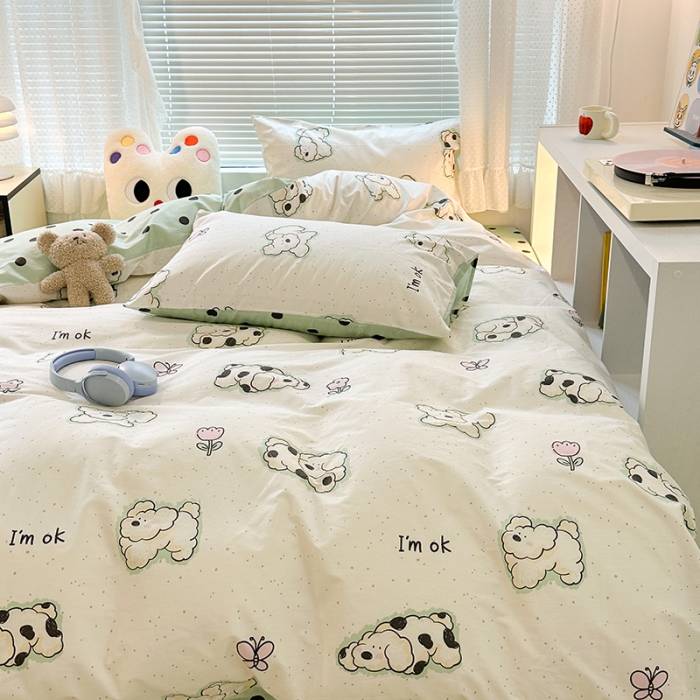 91家纺网 家纺一手货源 找家纺 昔可 2023新款全棉萌趣卡通四件套 斑点郁金香狗狗