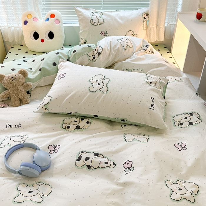 91家纺网 家纺一手货源 找家纺 昔可 2023新款全棉萌趣卡通四件套 斑点郁金香狗狗