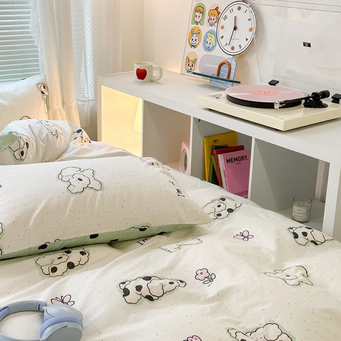 91家纺网 家纺一手货源 找家纺 昔可 2023新款全棉萌趣卡通四件套 斑点郁金香狗狗