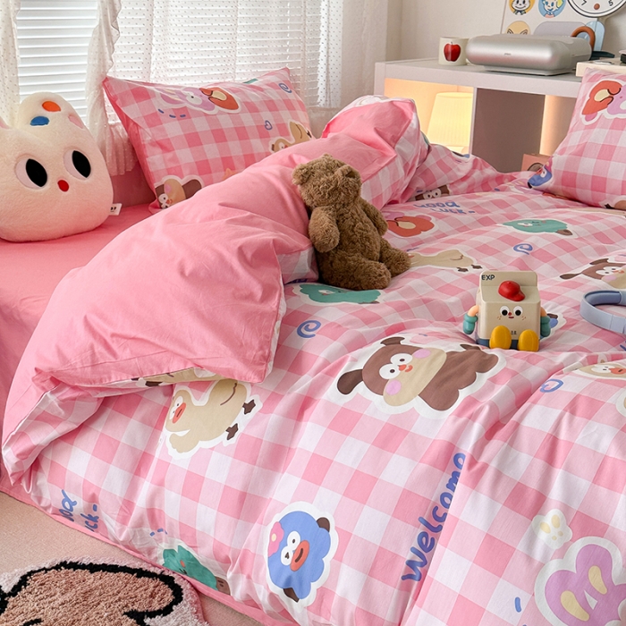 91家纺网 家纺一手货源 找家纺 昔可 2023新款全棉萌趣卡通四件套 粉格萌物