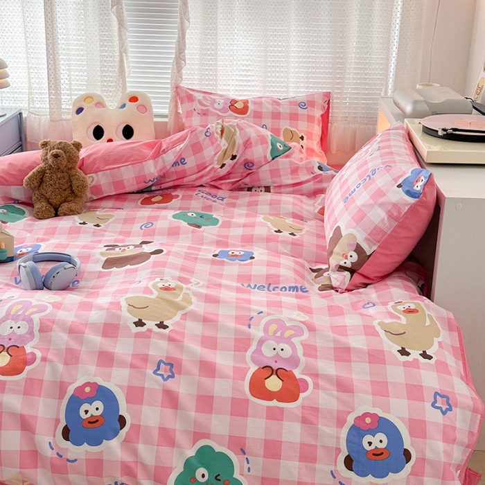 91家纺网 家纺一手货源 找家纺 昔可 2023新款全棉萌趣卡通四件套 粉格萌物