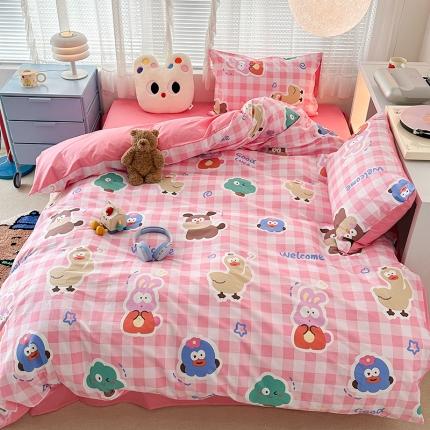 昔可 2023新款全棉萌趣卡通四件套 粉格萌物