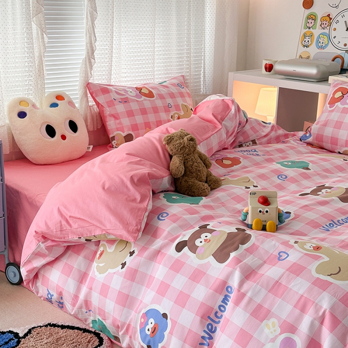 91家纺网 家纺一手货源 找家纺 昔可 2023新款全棉萌趣卡通四件套 粉格萌物