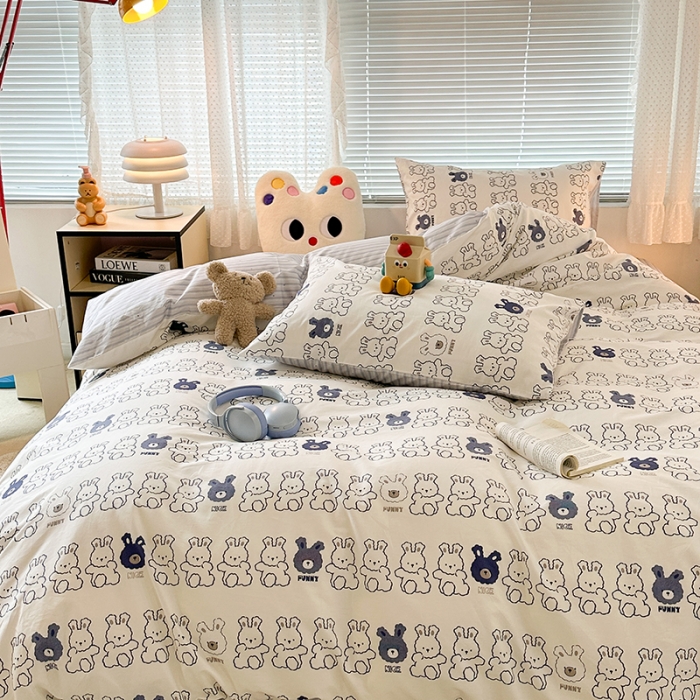 91家纺网 家纺一手货源 找家纺 昔可 2023新款全棉萌趣卡通四件套 蓝色简笔兔