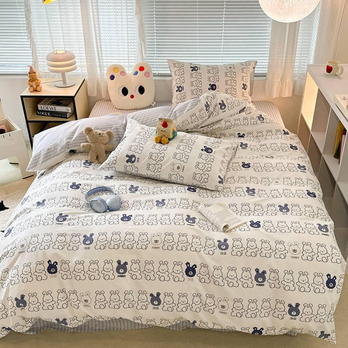 91家纺网 家纺一手货源 找家纺 昔可 2023新款全棉萌趣卡通四件套 蓝色简笔兔