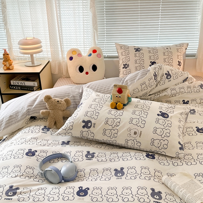 91家纺网 家纺一手货源 找家纺 昔可 2023新款全棉萌趣卡通四件套 蓝色简笔兔