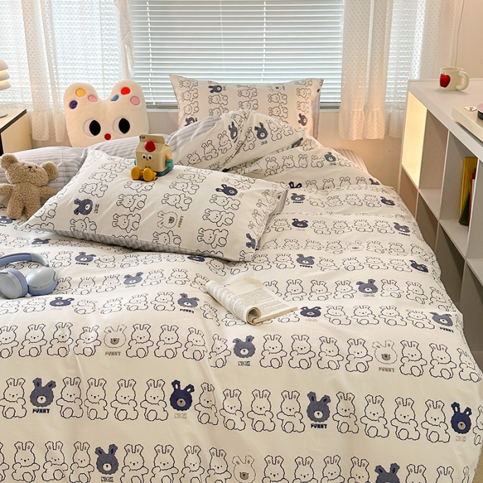 91家纺网 家纺一手货源 找家纺 昔可 2023新款全棉萌趣卡通四件套 蓝色简笔兔