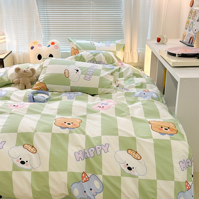 91家纺网 家纺一手货源 找家纺 昔可 2023新款全棉萌趣卡通四件套 绿格小象