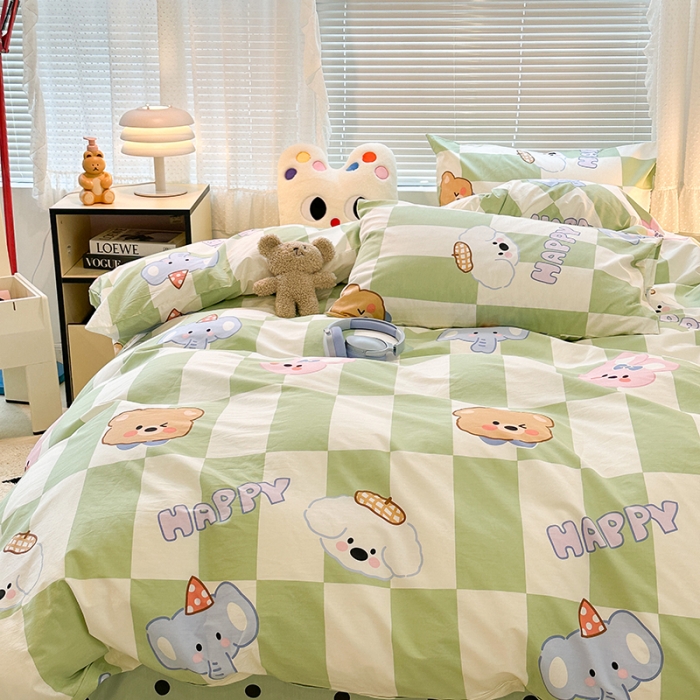91家纺网 家纺一手货源 找家纺 昔可 2023新款全棉萌趣卡通四件套 绿格小象
