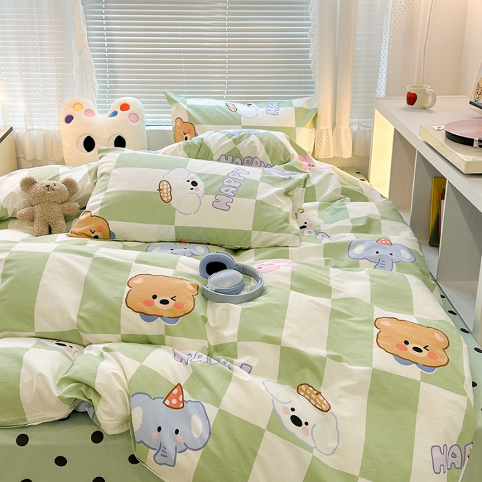 91家纺网 家纺一手货源 找家纺 昔可 2023新款全棉萌趣卡通四件套 绿格小象