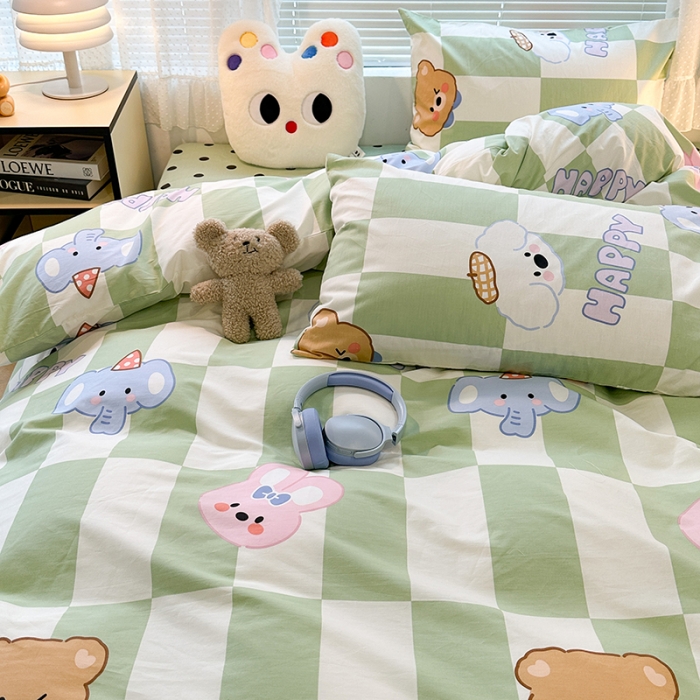 91家纺网 家纺一手货源 找家纺 昔可 2023新款全棉萌趣卡通四件套 绿格小象