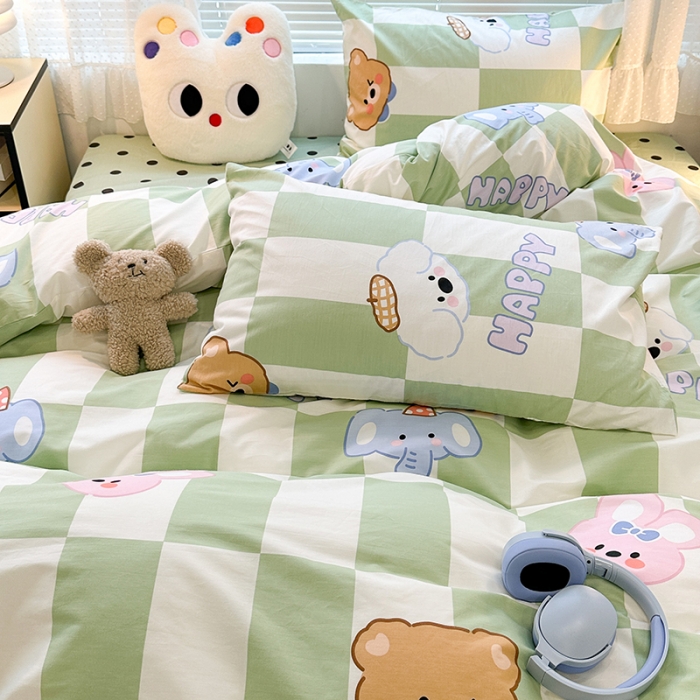 91家纺网 家纺一手货源 找家纺 昔可 2023新款全棉萌趣卡通四件套 绿格小象