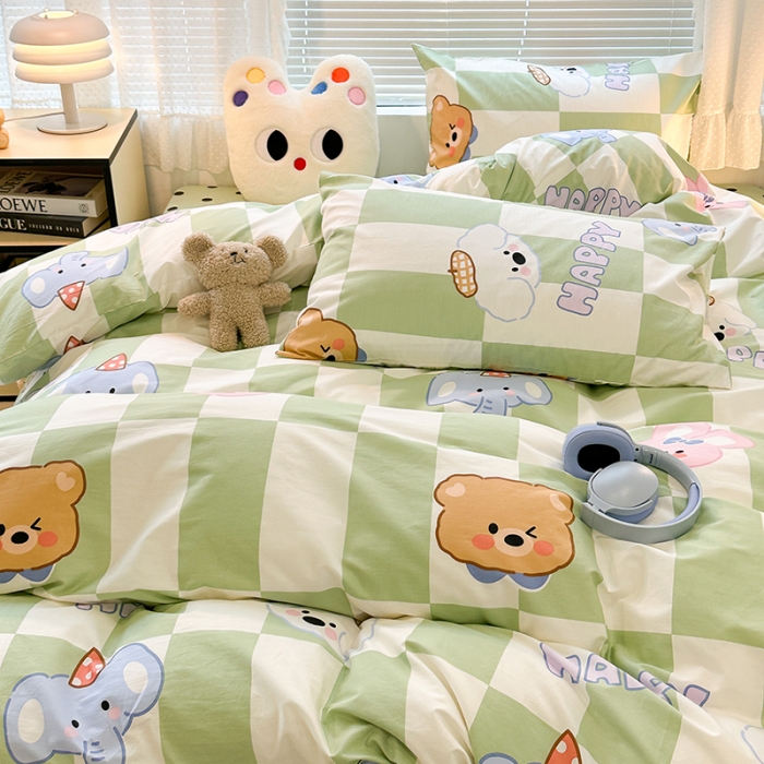 91家纺网 家纺一手货源 找家纺 昔可 2023新款全棉萌趣卡通四件套 绿格小象