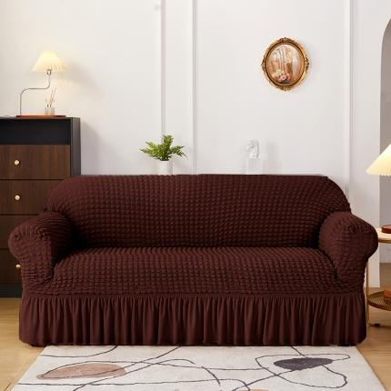 91家纺网 家纺一手货源 找家纺 丝绮鹿 2023新款爆米花系列全包沙发套裙边款双扶手 咖啡