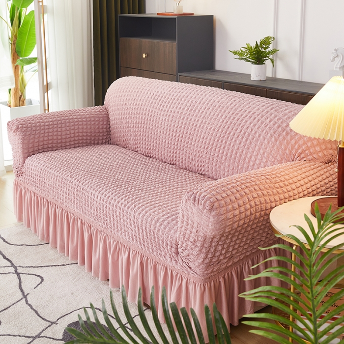 91家纺网 家纺一手货源 找家纺 丝绮鹿 2023新款爆米花系列全包沙发套裙边款双扶手 粉色