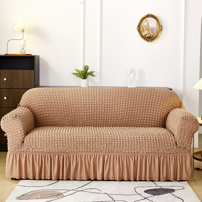 91家纺网 家纺一手货源 找家纺 丝绮鹿 2023新款爆米花系列全包沙发套裙边款双扶手 驼色