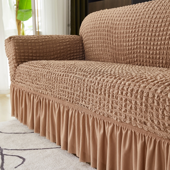 91家纺网 家纺一手货源 找家纺 丝绮鹿 2023新款爆米花系列全包沙发套裙边款双扶手 驼色