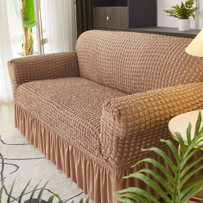 91家纺网 家纺一手货源 找家纺 丝绮鹿 2023新款爆米花系列全包沙发套裙边款双扶手 驼色