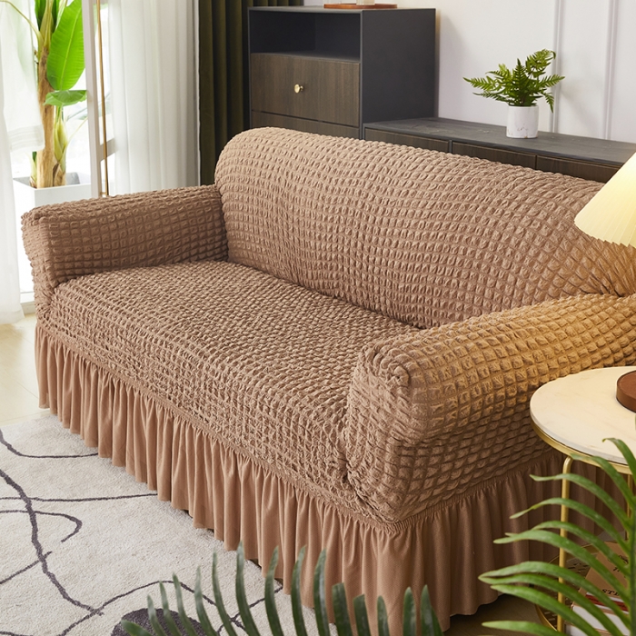 91家纺网 家纺一手货源 找家纺 丝绮鹿 2023新款爆米花系列全包沙发套裙边款双扶手 驼色