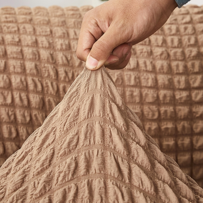 91家纺网 家纺一手货源 找家纺 丝绮鹿 2023新款爆米花系列全包沙发套裙边款双扶手 驼色