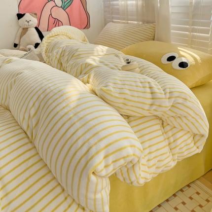 91家纺网 家纺一手货源 找家纺 丽涵 2024秋冬新品牛奶绒博主风多巴胺条纹混搭保暖四件套 嫩鹅黄条-眼睛款