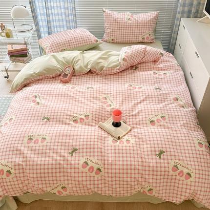 昔可 2023新款全棉卡通狗狗四件套 格子甜草莓