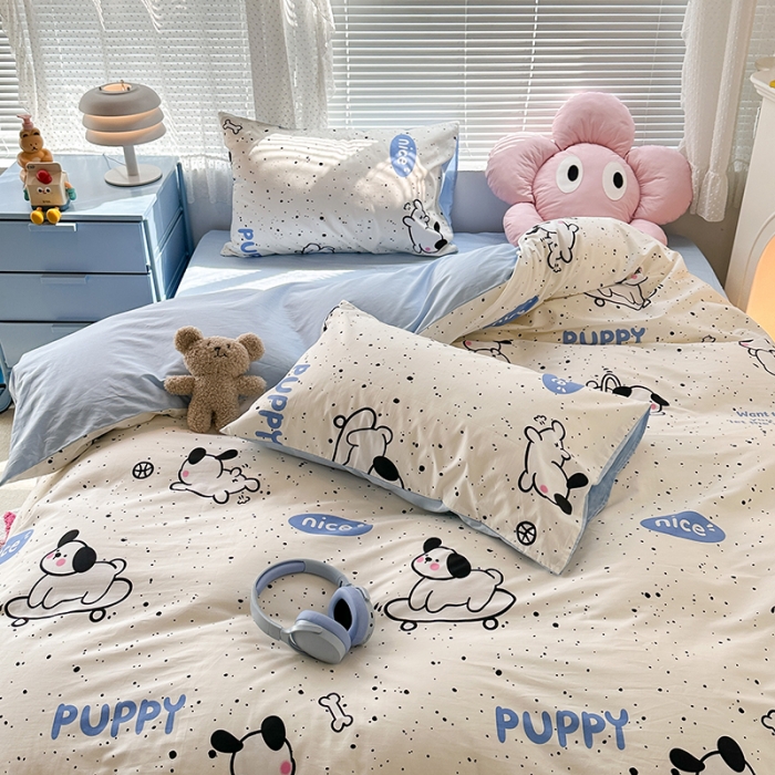 91家纺网 家纺一手货源 找家纺 昔可 2023新款全棉卡通狗狗四件套 滑板狗狗 蓝