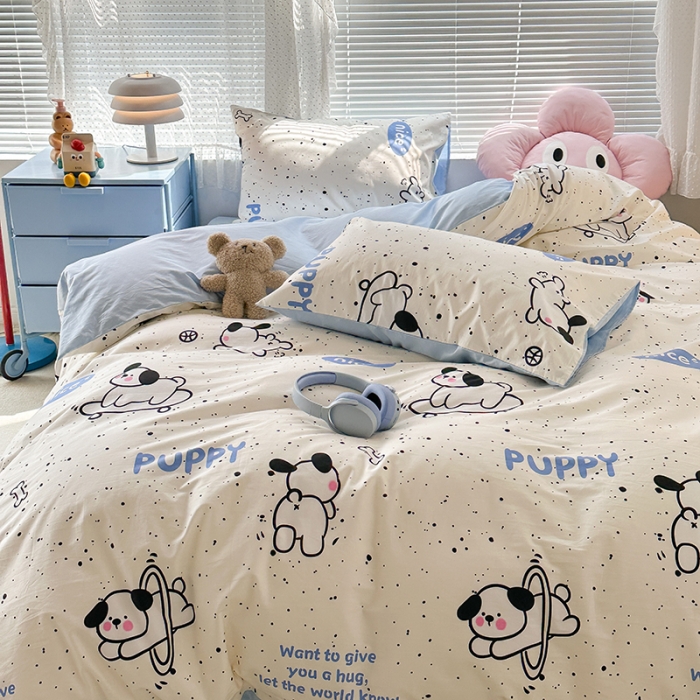 91家纺网 家纺一手货源 找家纺 昔可 2023新款全棉卡通狗狗四件套 滑板狗狗 蓝