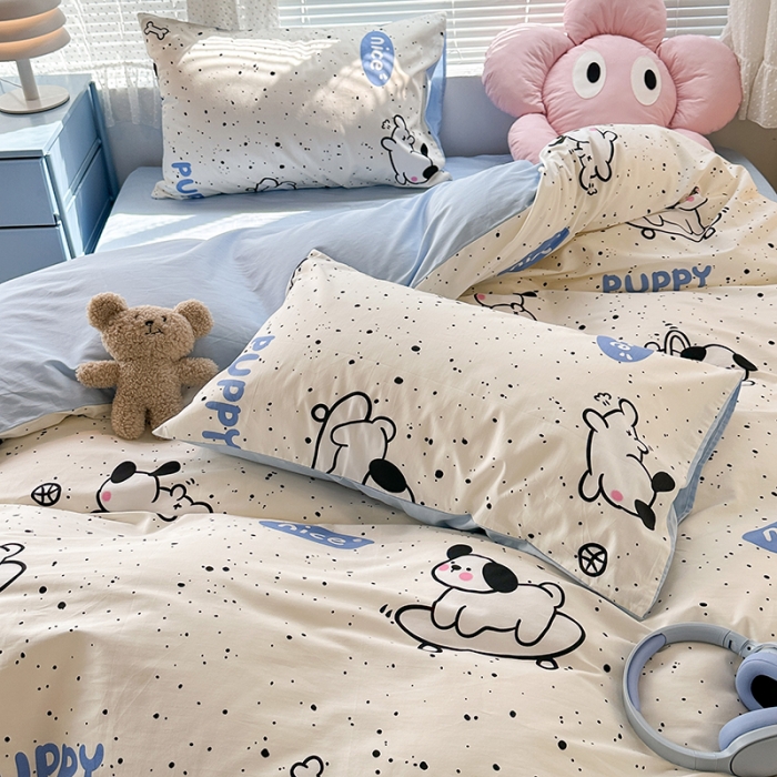 91家纺网 家纺一手货源 找家纺 昔可 2023新款全棉卡通狗狗四件套 滑板狗狗 蓝