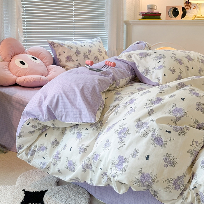 91家纺网 家纺一手货源 找家纺 昔可 2023新款全棉卡通狗狗四件套 紫藤花