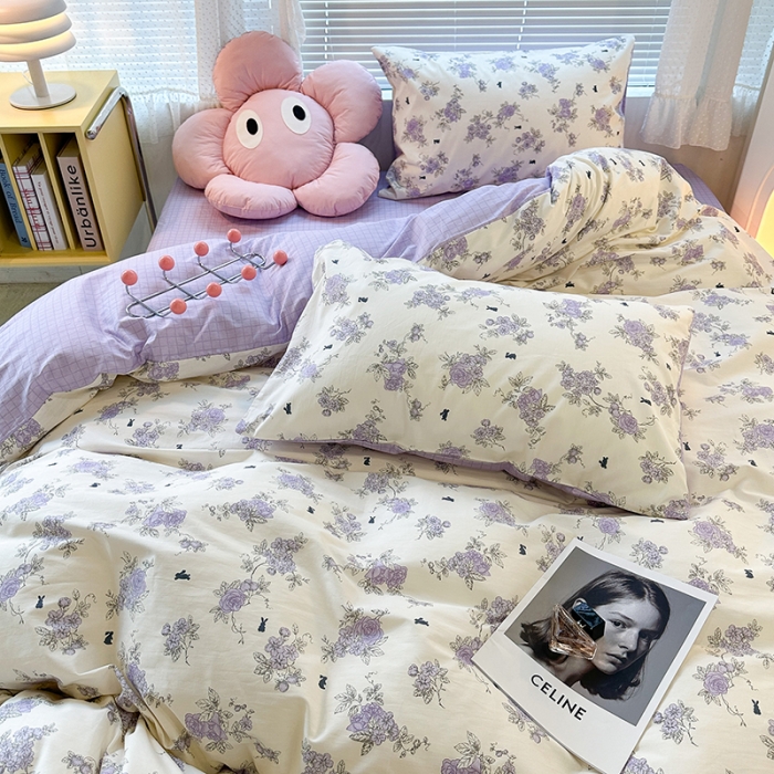 91家纺网 家纺一手货源 找家纺 昔可 2023新款全棉卡通狗狗四件套 紫藤花