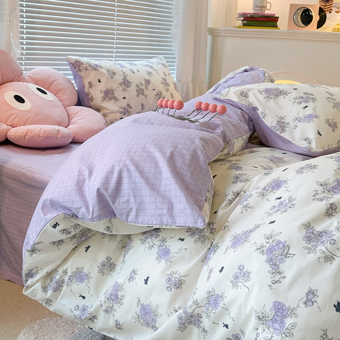 91家纺网 家纺一手货源 找家纺 昔可 2023新款全棉卡通狗狗四件套 紫藤花