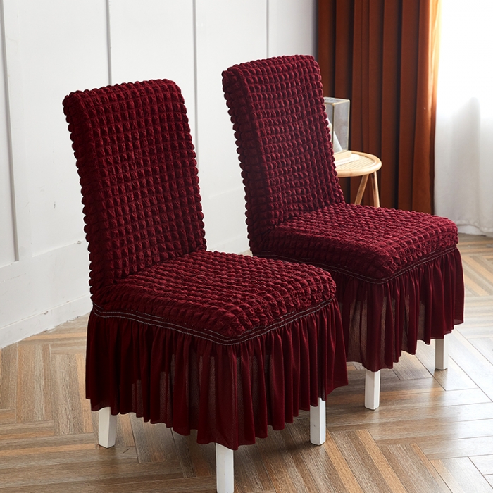 91家纺网 家纺一手货源 找家纺 丝绮鹿 2023新款爆米花系列裙边椅子套 酒红