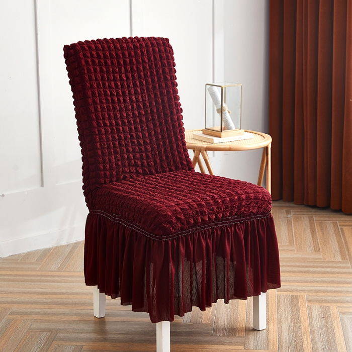 91家纺网 家纺一手货源 找家纺 丝绮鹿 2023新款爆米花系列裙边椅子套 酒红