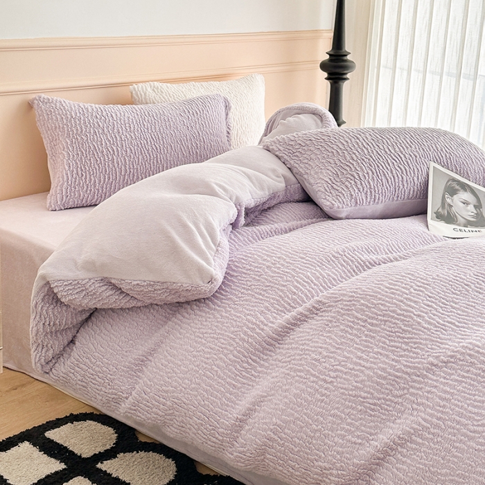 91家纺网 家纺一手货源 找家纺 昔可 2023新款纯色泡芙云朵绒四件套 香芋紫